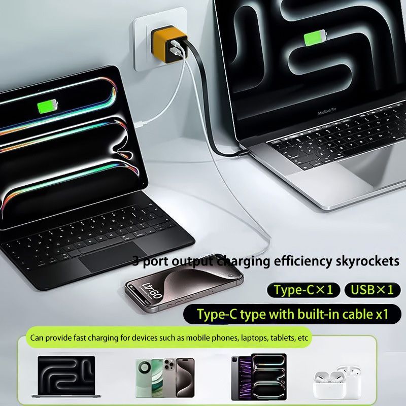 65W Fast Quick Charge 3 Ports USB Type C Adapter Built In Cable Compatible With iPhone and Samsung and Xiaomi devices.