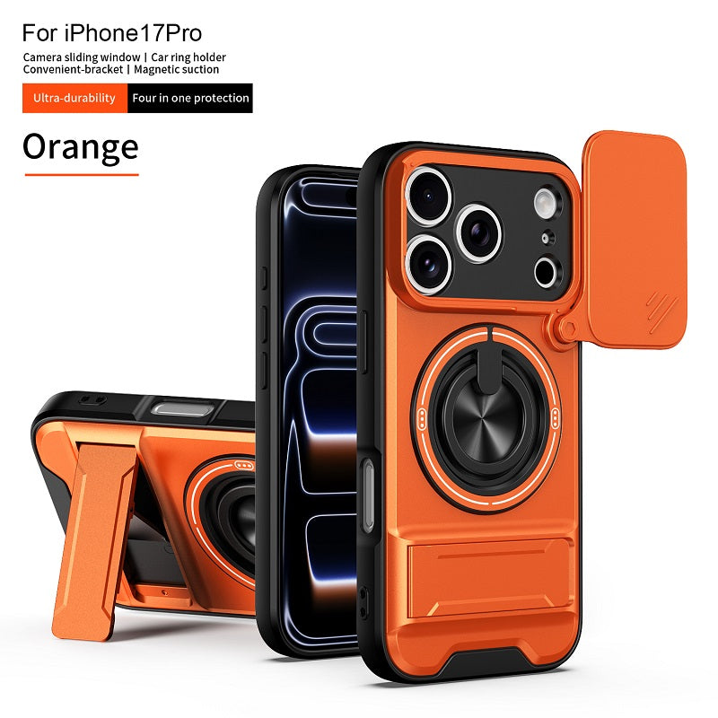 Luxury Slide Camera Lens Cover Case for iPhone 17 Pro, Built-in Ring Stand and Folding Stand Magnetic Protective Case