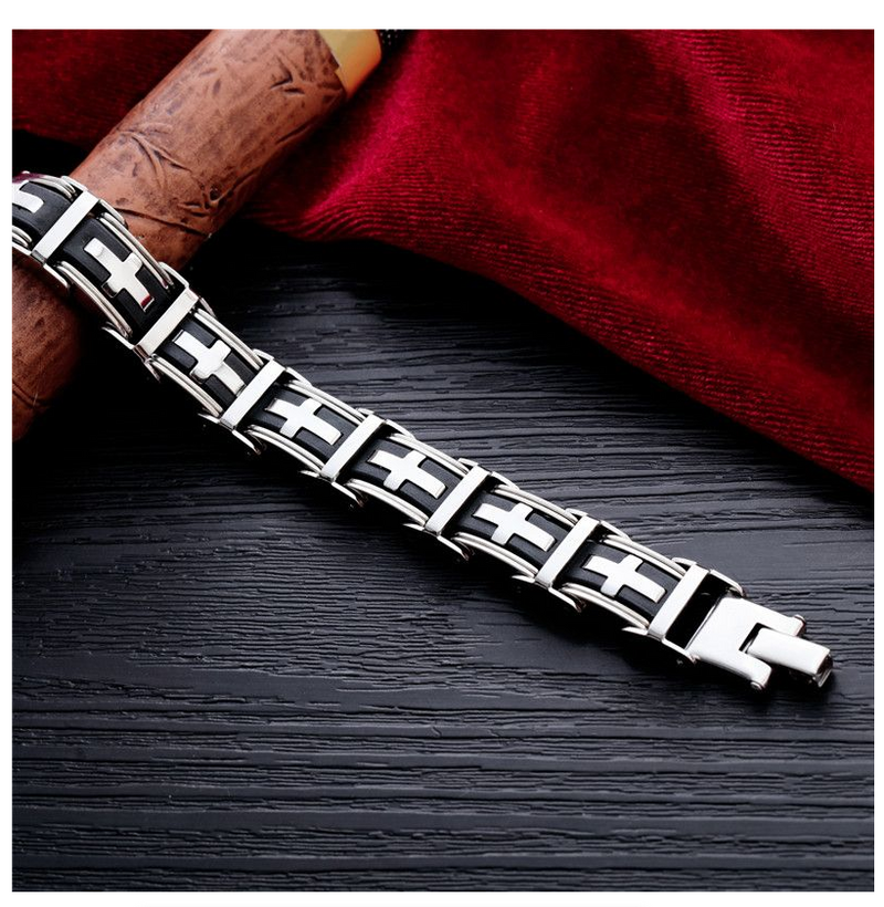 Stainless Steel Cross Symbol Charm Bracelet Men Top Quality Black Rubber