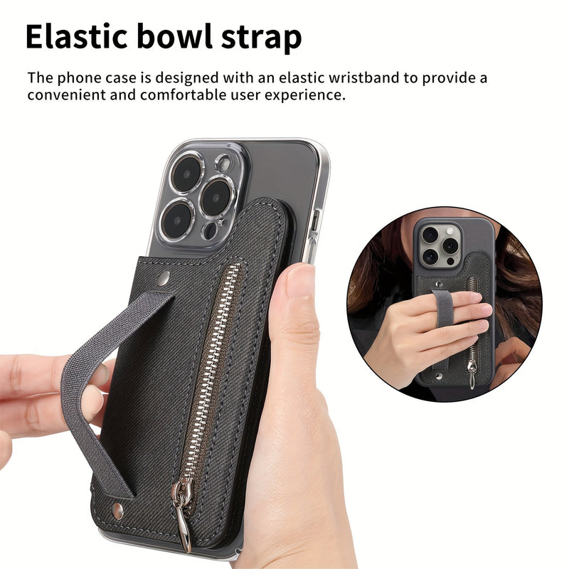 Adhesive Phone Back Card Holder RFID-Blocking Zipper Wallet with Stand