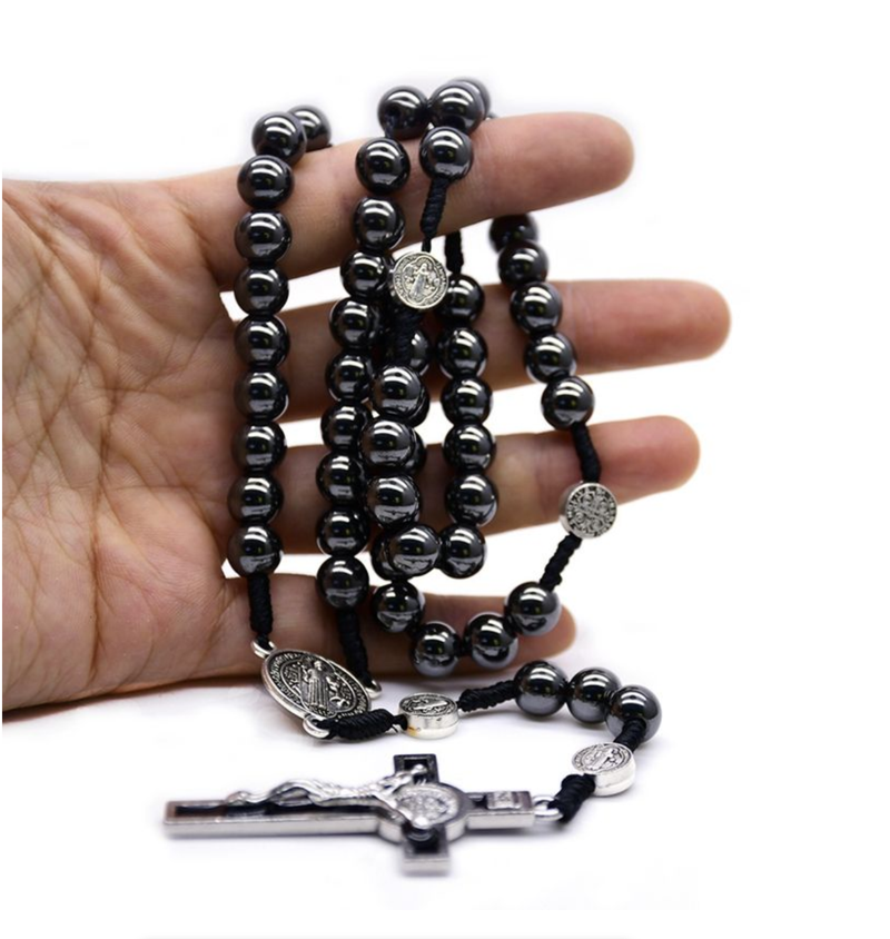 Hematite Strand Woven Crucifix Pendant Necklace Saint Benedict Rosary