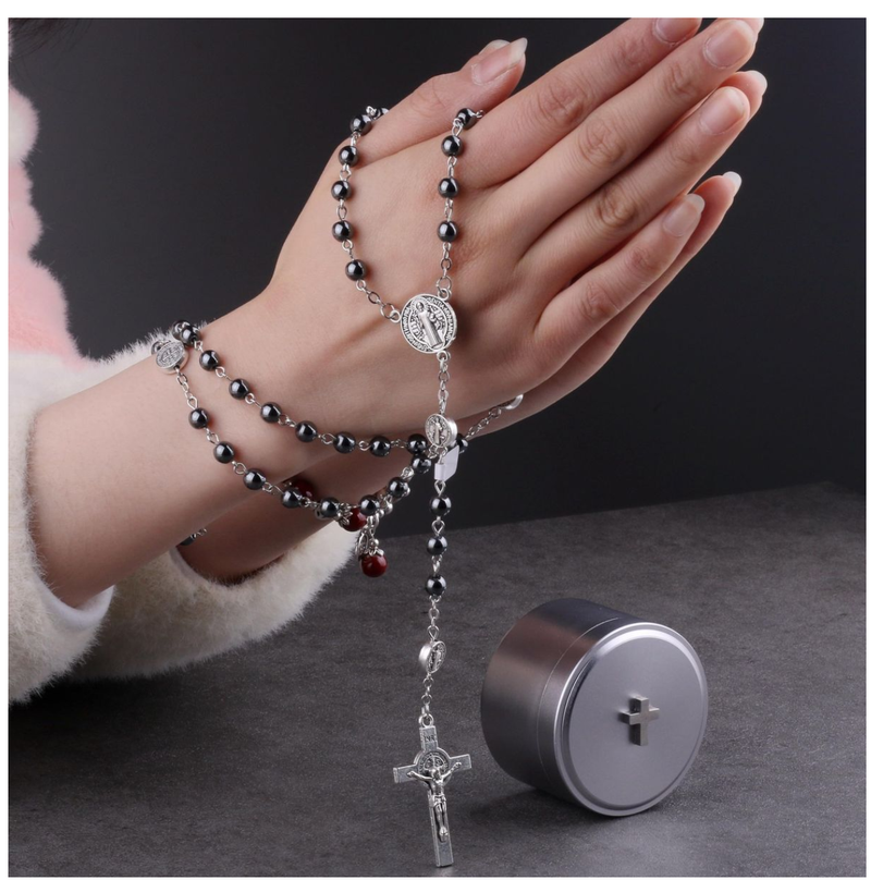 Necklace Car Ornament Black Hematite Bead Saint Benedict Medal Jesus Cross