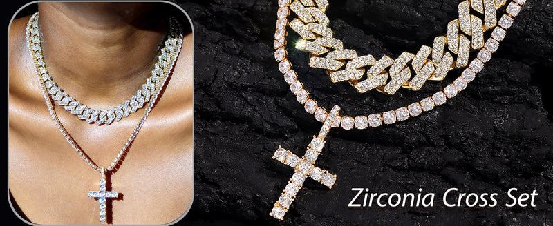 Iced Out Zirconia Cuban Link Chain Necklace, Men Cross Pendant Necklace Set, Hip Hop Bling for Men