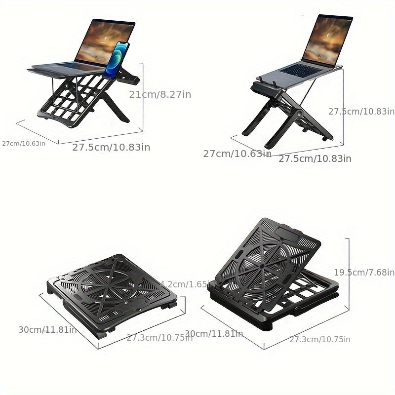 Adjustable Laptop Stand with Cooling Fan & Phone Holder, Ergonomic Foldable Laptop Riser for Desk, Portable Notebook Stand with Heat Vent for 10-17 inch Laptops