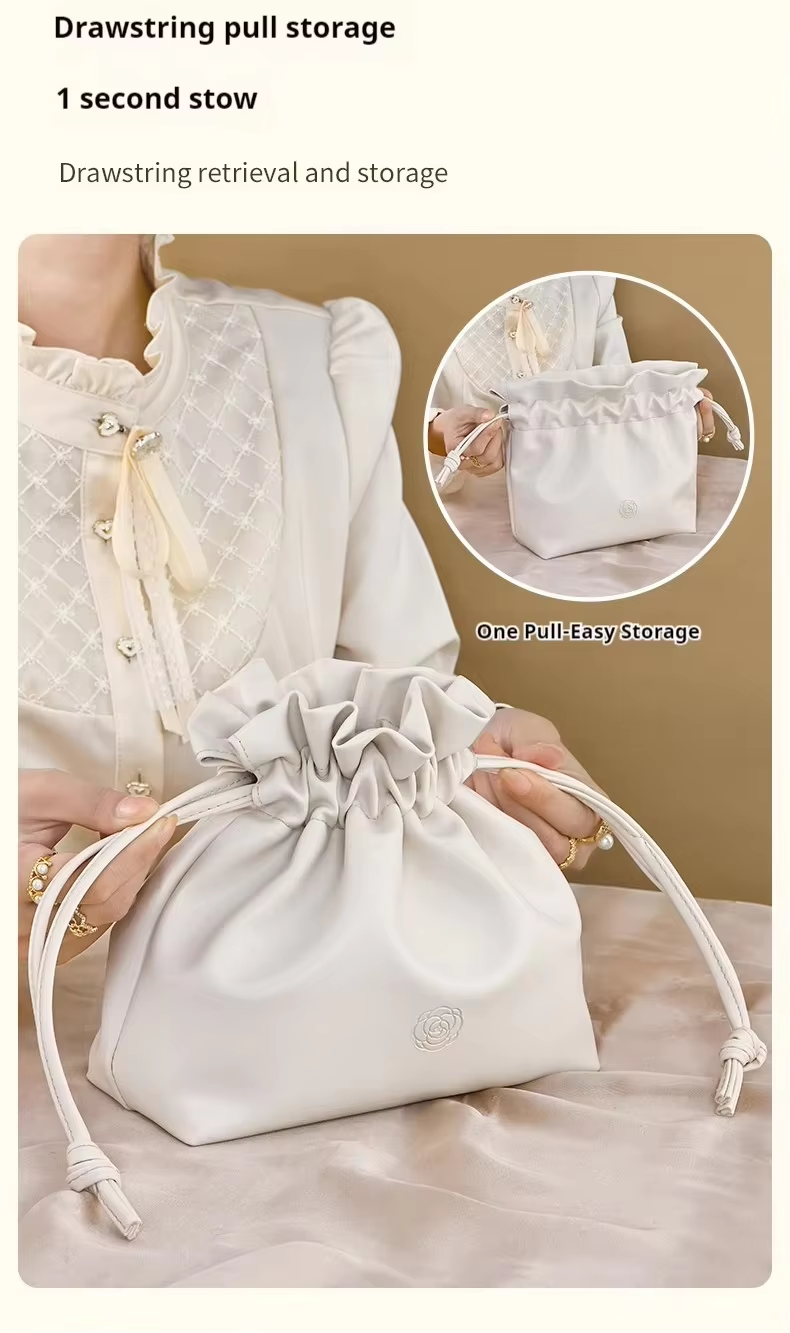 Elegant Soft PU Leather Drawstring Cosmetic Bag Portable Waterproof Makeup Pouch for Woman Travel Toiletry Organizer