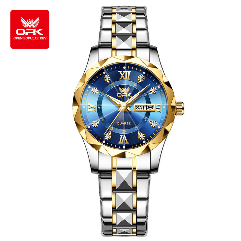 Men's steel strap quartz watch dual calendar waterproof night light