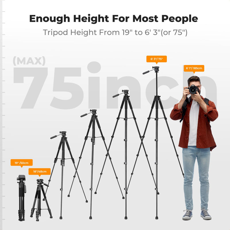 75" Camera Tripod, Aluminum Tripod Stand with 3-Way Pan Head & Bluetooth Remote