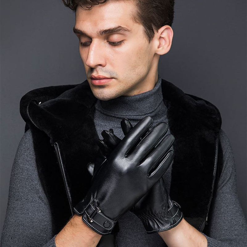 One Pair Men's Winter Cashmere Lined Touchscreen Leather Gloves