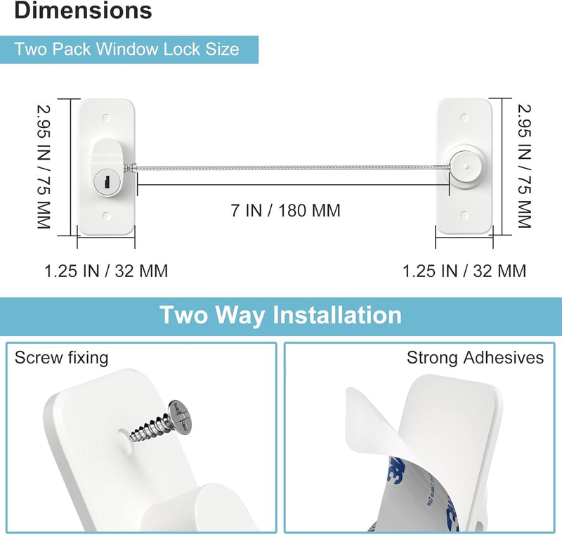 Window Safety Lock, AOSITE 2Pack Window Locks for UPVC No Drilling Window Restrictor Self Adhesive,Versatile Refrigerator Lock with Key Child Window Safety Locks Pet Safety Cable Lock for Childproof