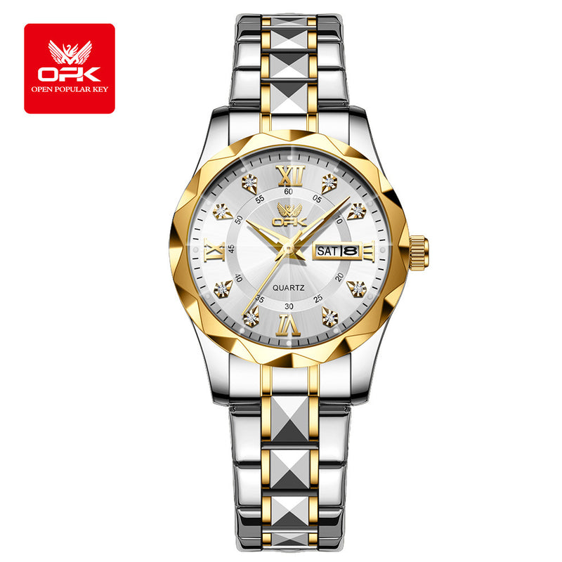 Men's steel strap quartz watch dual calendar waterproof night light