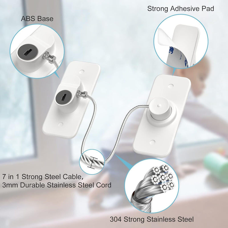 Window Safety Lock, AOSITE 2Pack Window Locks for UPVC No Drilling Window Restrictor Self Adhesive,Versatile Refrigerator Lock with Key Child Window Safety Locks Pet Safety Cable Lock for Childproof