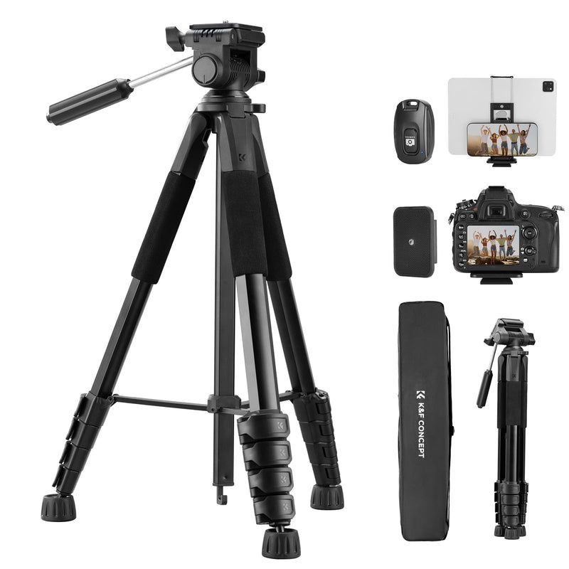 75" Camera Tripod, Aluminum Tripod Stand with 3-Way Pan Head & Bluetooth Remote