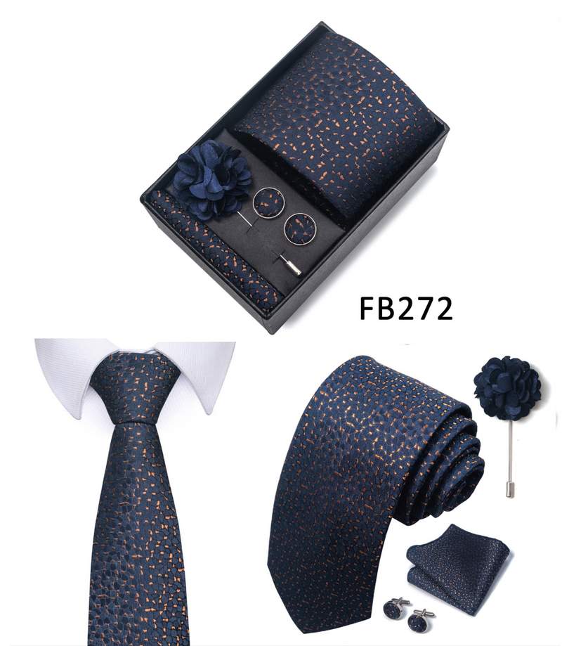 Men Ties Set Color Necktie Handkerchief Cufflinks Brooch Formal