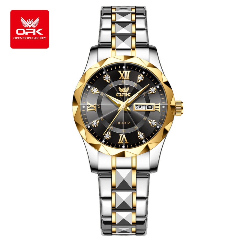 Men's steel strap quartz watch dual calendar waterproof night light