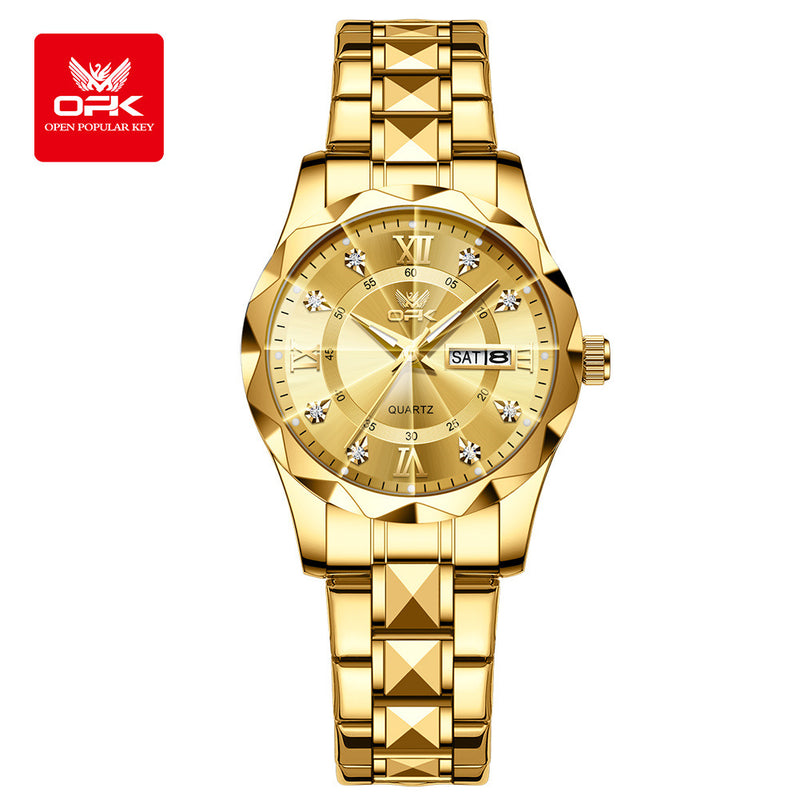 Men's steel strap quartz watch dual calendar waterproof night light