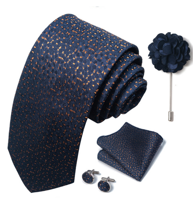 Men Ties Set Color Necktie Handkerchief Cufflinks Brooch Formal
