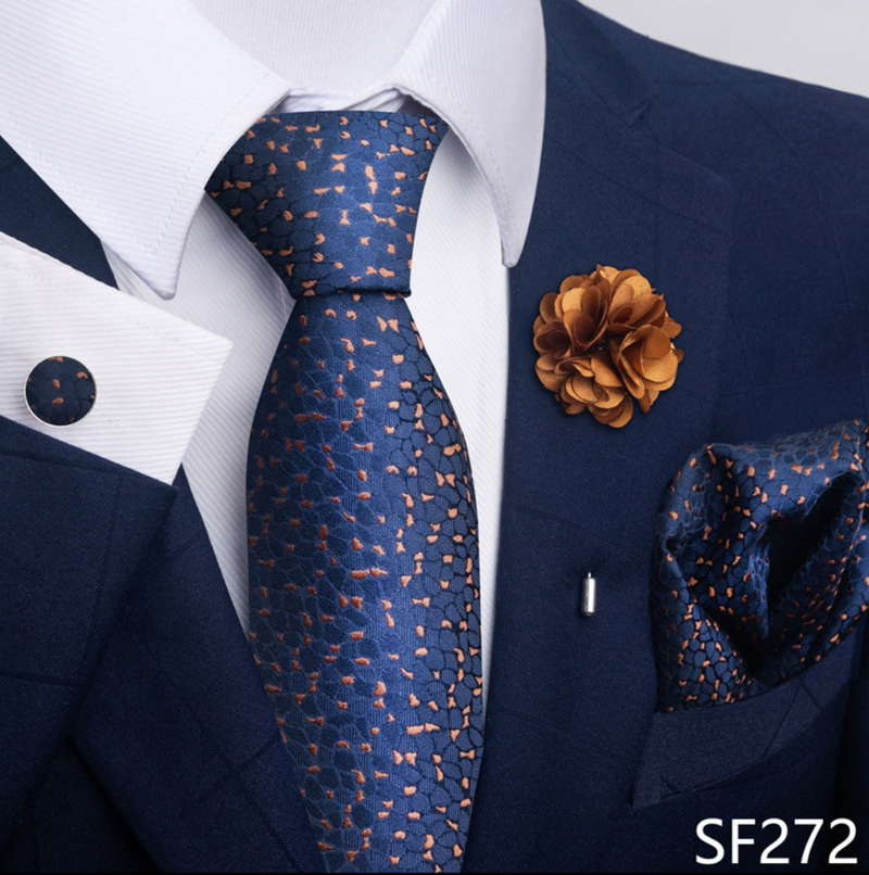 Men Ties Set Color Necktie Handkerchief Cufflinks Brooch Formal