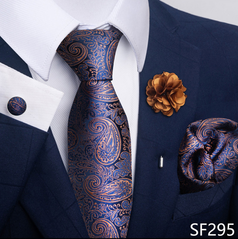 Ties Set Men Necktie Handkerchief Cufflinks Brooch Formal