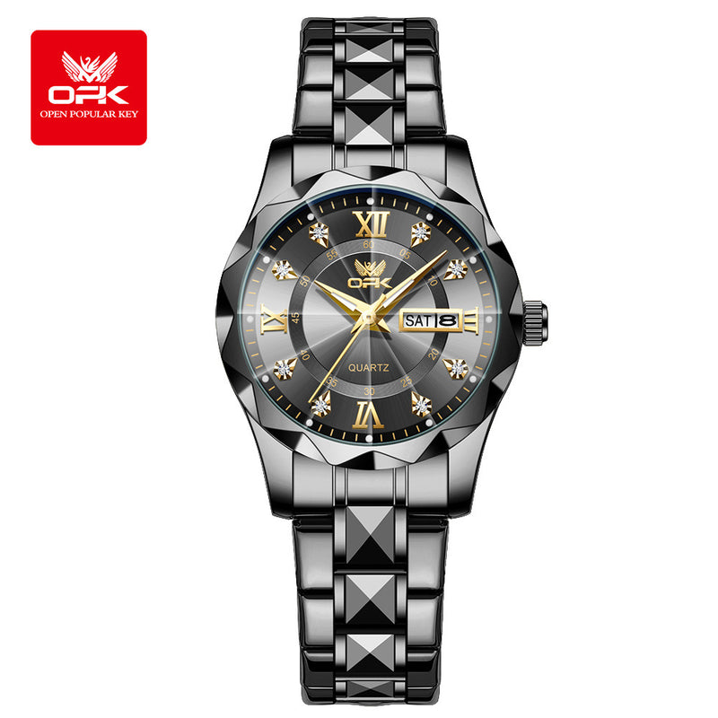 Men's steel strap quartz watch dual calendar waterproof night light