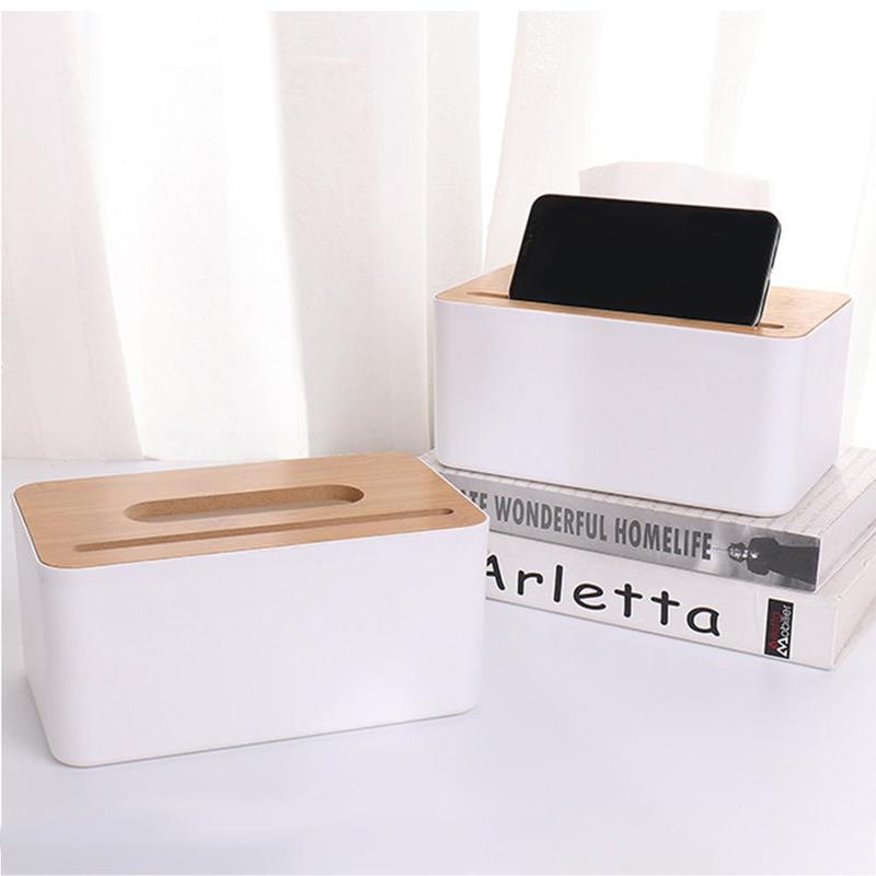 2 pcs. Plastic Napkin Box Bamboo Waterproof Box Wooden Lid Holder