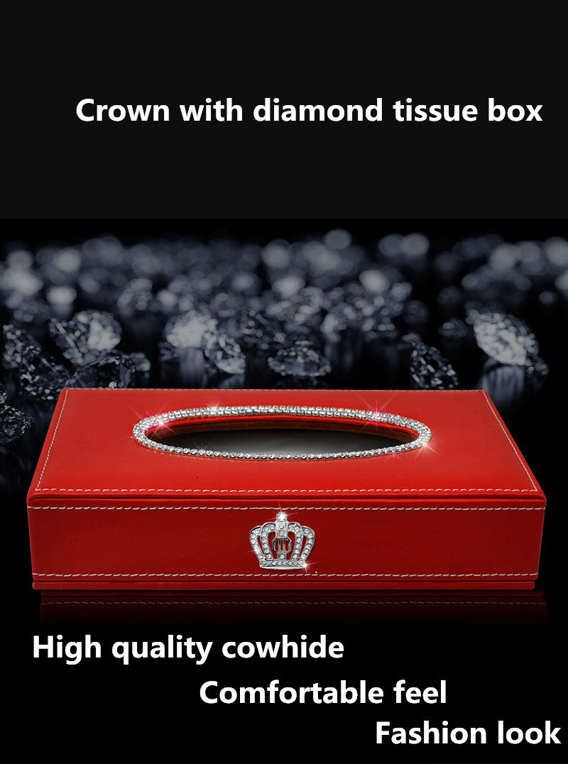 Crown Towel Box Square Cover Rhinestone Block Artificial Leather Red