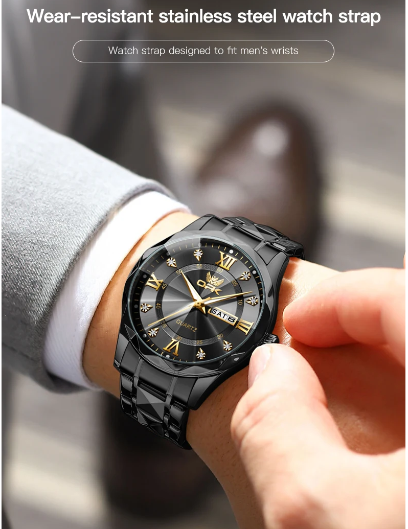 Men's steel strap quartz watch dual calendar waterproof night light
