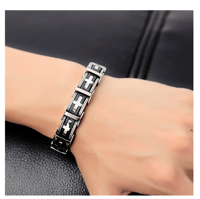 Stainless Steel Cross Symbol Charm Bracelet Men Top Quality Black Rubber