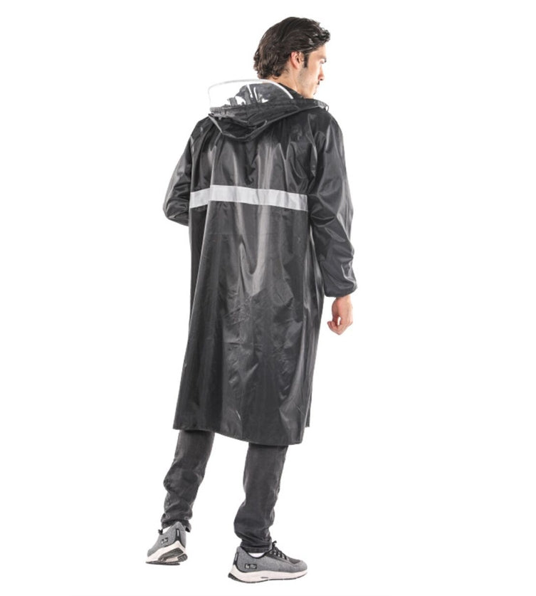 Men Raincoat with Hat Shiny Reflective Strip Long Coat Outdoor Rain Suit