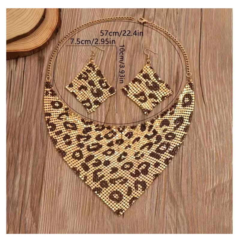 Fashion Leopard Print Jewelry Set Bib Necklace & Dangle Earrings Set