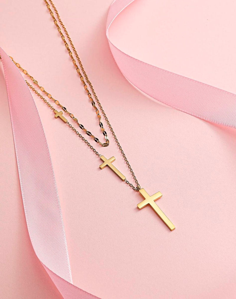 Layered Cross Necklace for Woman - Gold Titanium Steel Gift Jewelry