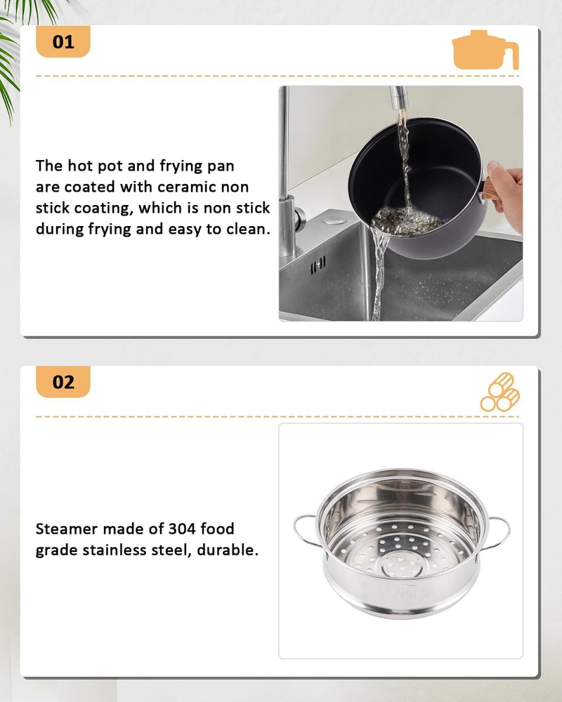 Hot Pot Mini Cooker, 1.8L Ceramic Non-Stick Frying Pan with Steamer