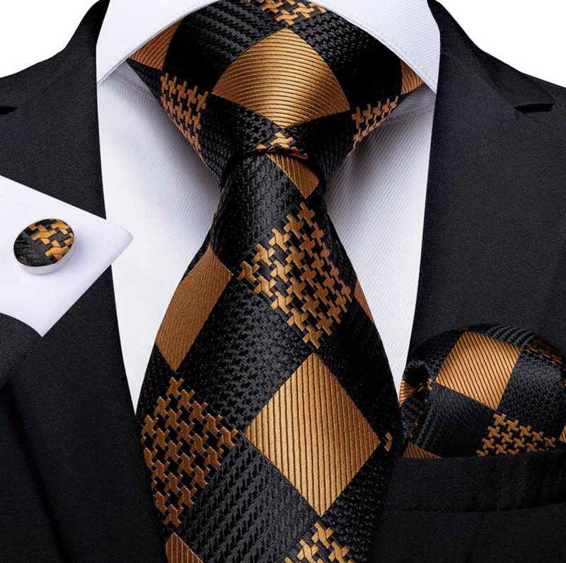 IPSTYLE Mens Tie Black Golden Jacquard Necktie Pocket Square Cufflinks Set