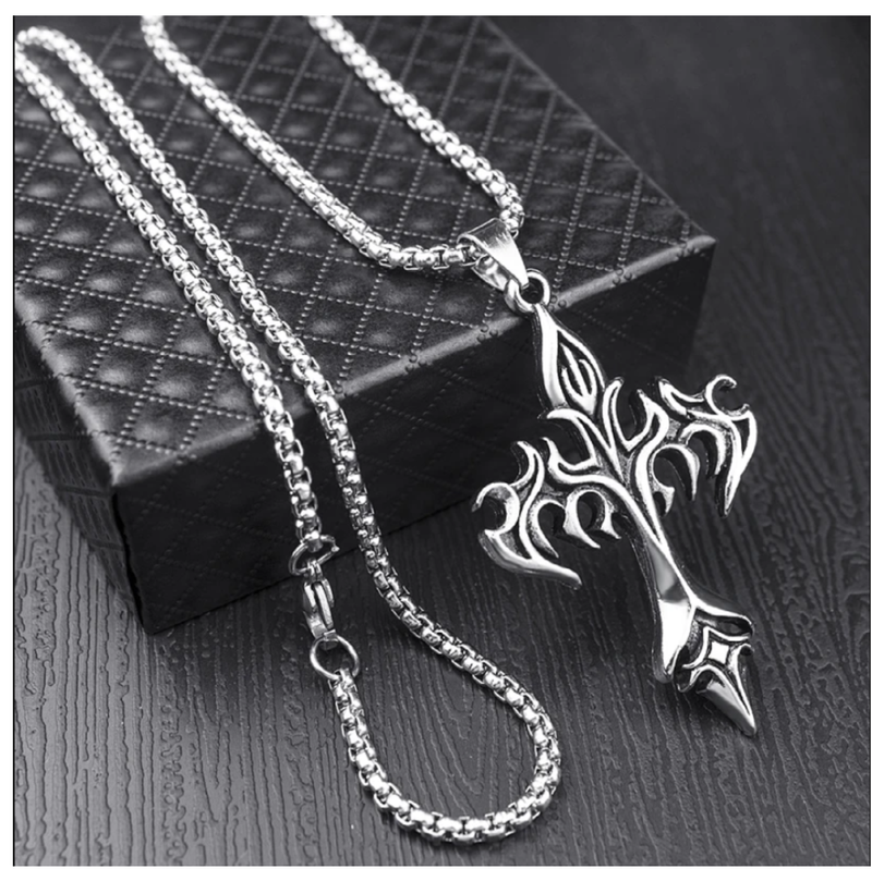 Classic Steel Warrior Men's Cross Amulet Necklace - Fashion Flame Christian