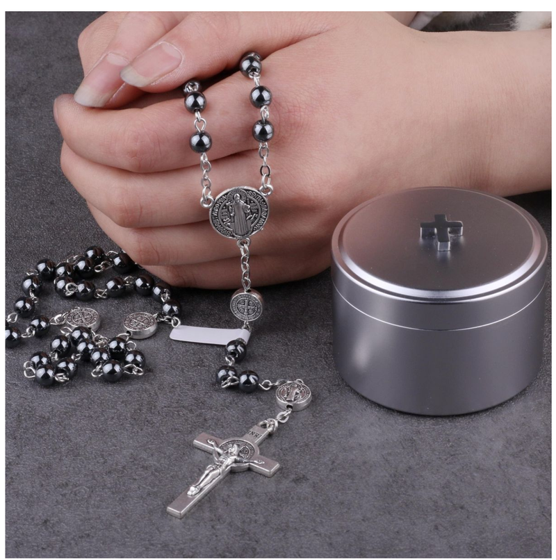 Necklace Car Ornament Black Hematite Bead Saint Benedict Medal Jesus Cross