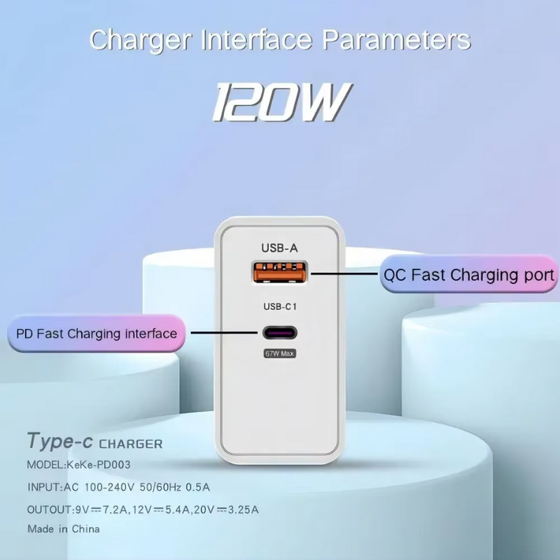 120W Fast Charger USB 3.0 Type-C 2 In 1 Charge Adapter For Phones