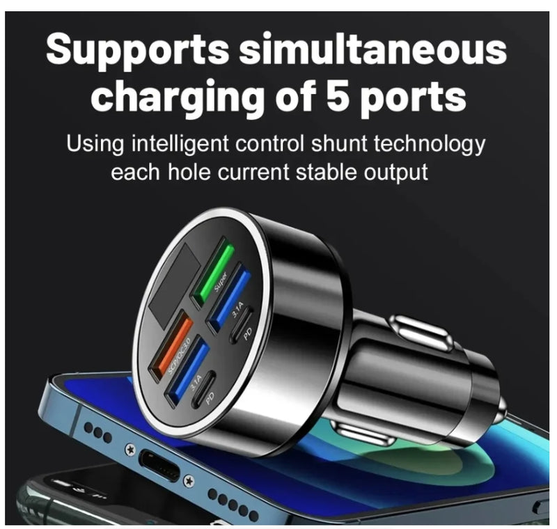 Car Charger Flash Charge Plug with Digital Display One to Six Car Charger