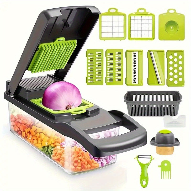 16-Piece Manual Vegetable Chopper Set – With Container & Multiple Blades