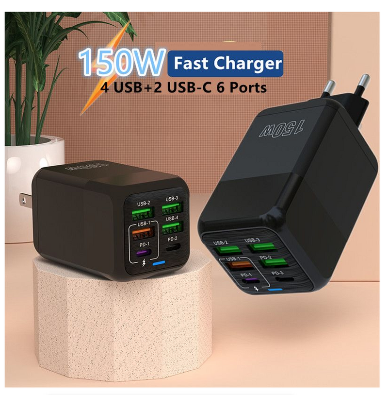 6 Ports Quick Charger Wall Adapter PD QC 3.0 USB C