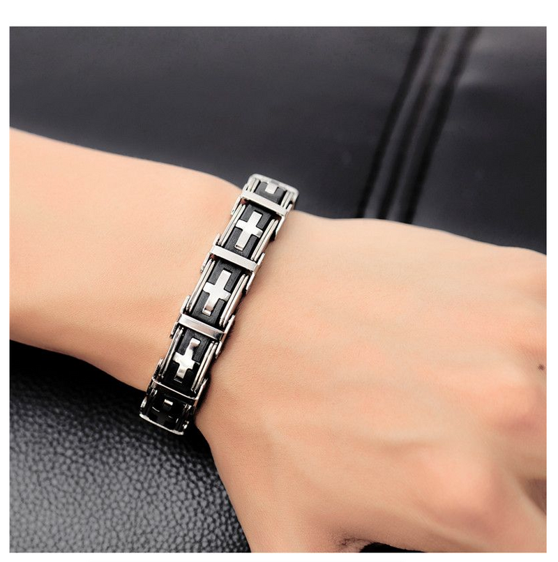 Stainless Steel Cross Symbol Charm Bracelet Men Top Quality Black Rubber