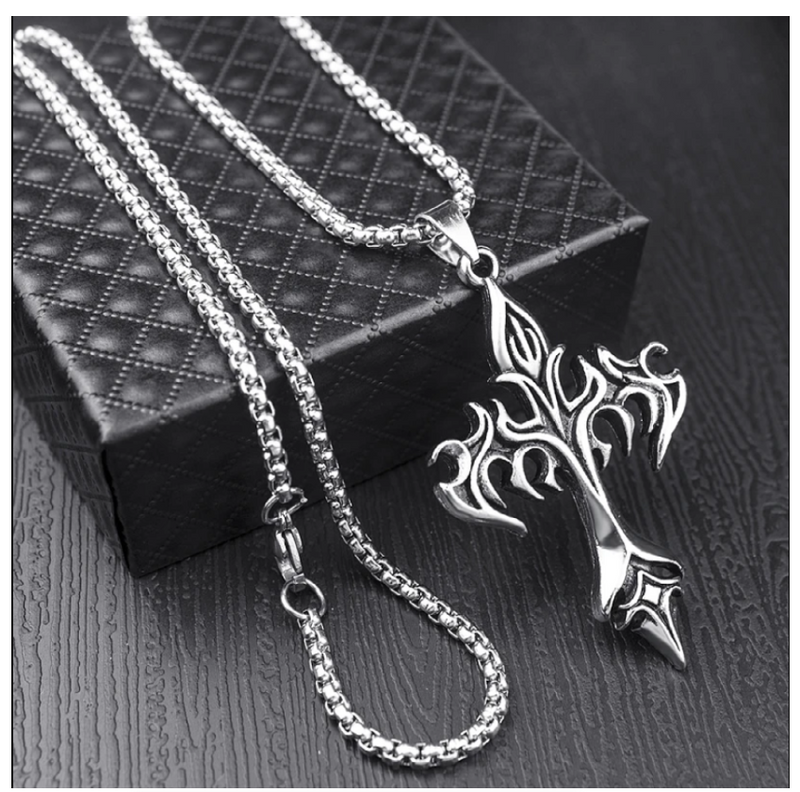 Classic Steel Warrior Men's Cross Amulet Necklace - Fashion Flame Christian