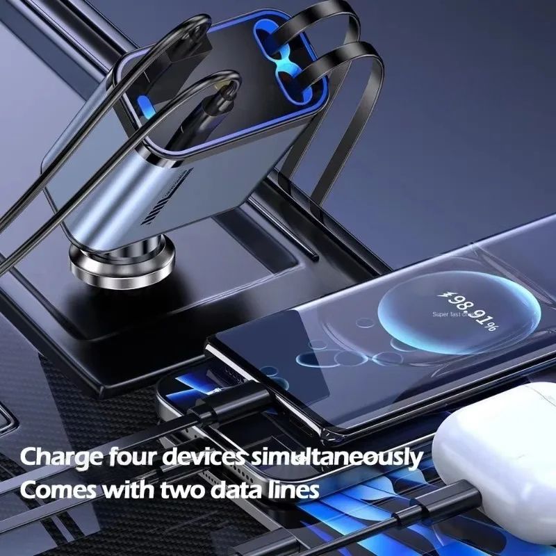 Phones 4 in 1 Retractable Car Charger with 120W USB C Car Fast Charger