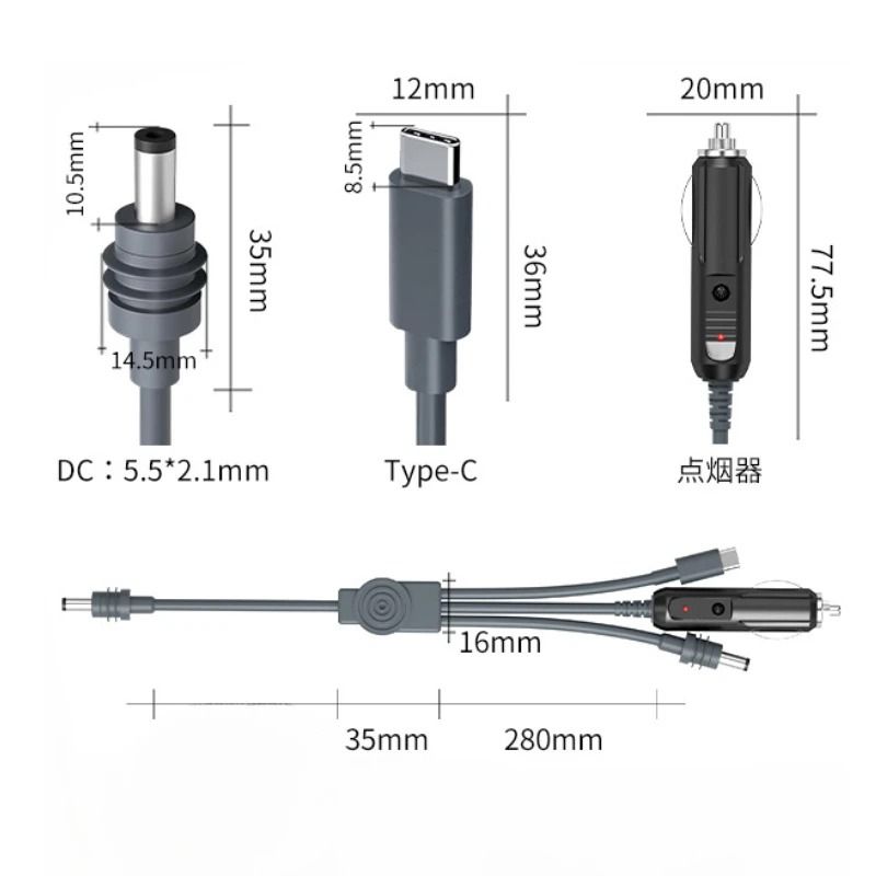 3 in 1 Power Cable Car Charger For Starlink Mini Type-C/DC 20V/5A