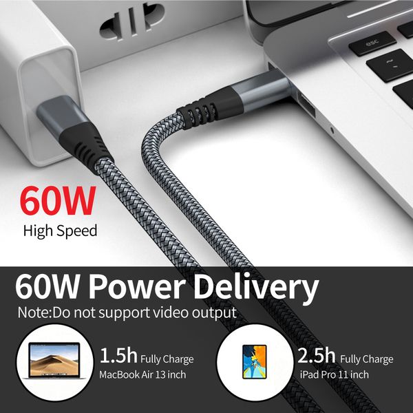 65W 3A Fast Charging Cable, USB C to USB-C 1m/2m, Nylon Data Cable