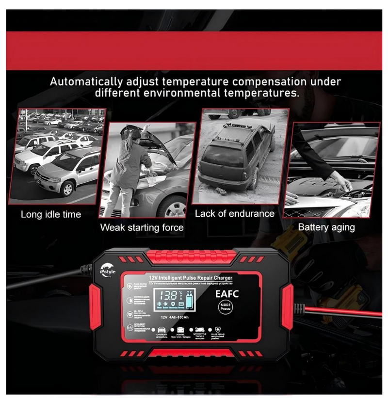 Car Battery Charger 12V 6A Pulse Repair LCD Display Smart Fast Charger