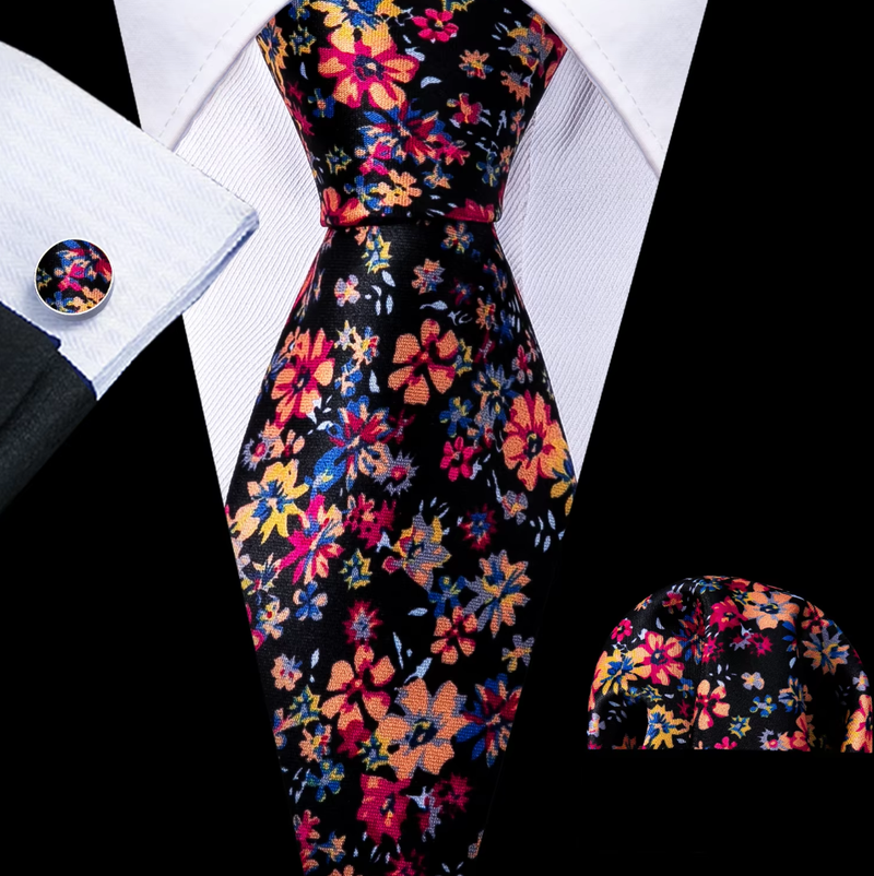 IPSTYLE Red Print Men Tie Set Silk Jacquard Floral Wedding Business Necktie