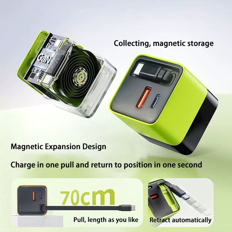 65W Fast Quick Charge 3 Ports USB Type C Adapter Built In Cable Compatible With iPhone and Samsung and Xiaomi devices.