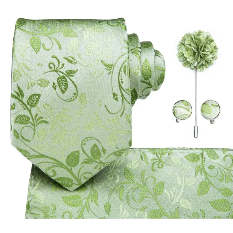 Men Silk Tie Grass Green Ties Boutonniere Handkerchief Cufflinks Set