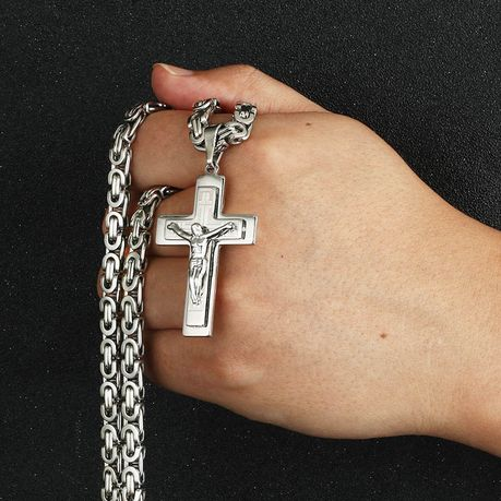 Jesus Christ Cross Pendant Necklace Stainless Steel Byzantine Chain Jewelry