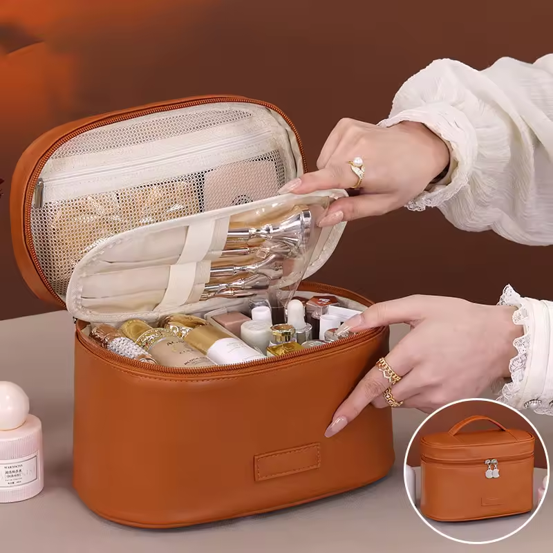 Womans Fashion Luxury Genuine Large PU Leather Waterproof Makeup Cosmetic Case Travel Makeup Storage Bag