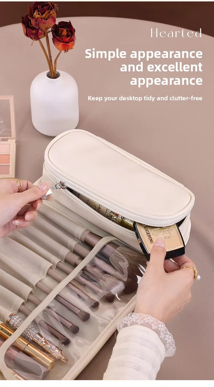 Gaohe New Product Fashion High-Value Open Leather Makeup Brush Storage Bag Multi-Functional Foldable Portable Professional